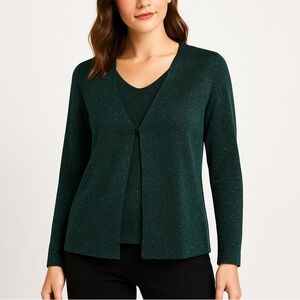 AB Studio shimmer knit holiday top metallic layered look relaxed fit green large